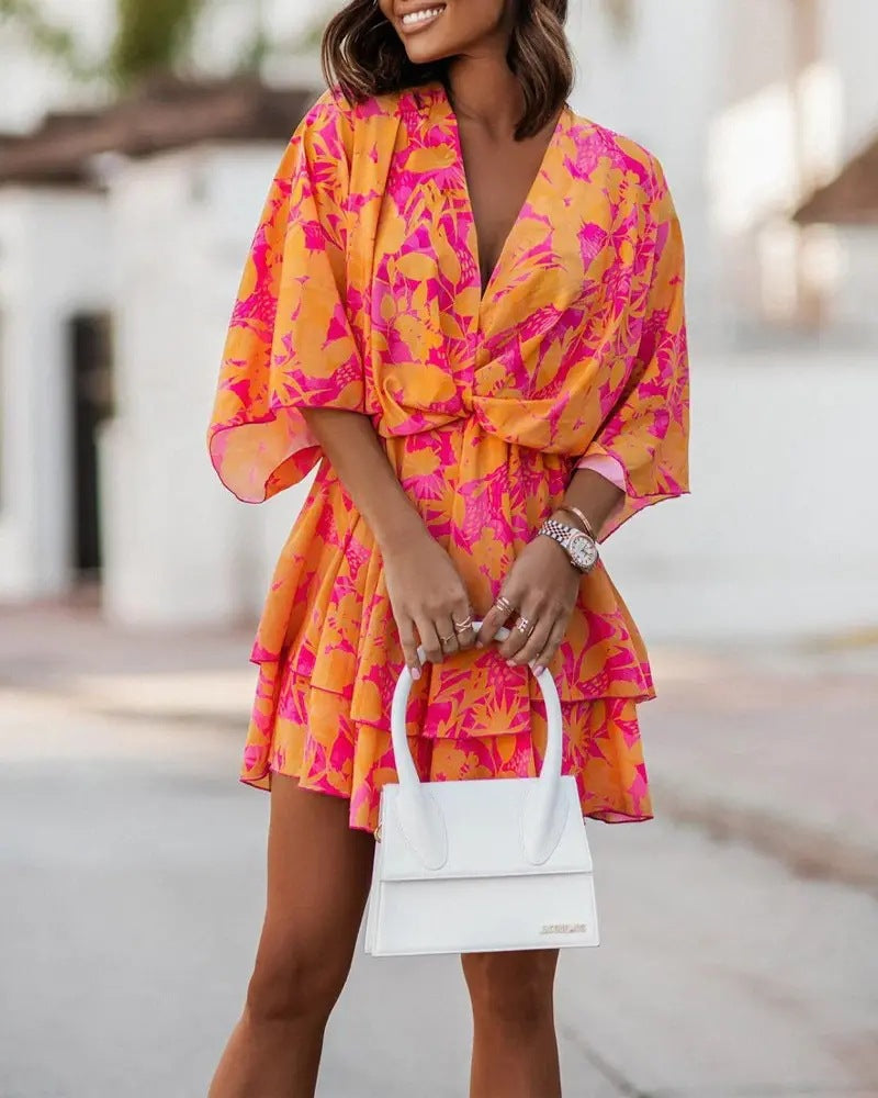 V-neck Loose Batwing Sleeve Printed Dress