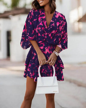 V-neck Loose Batwing Sleeve Printed Dress
