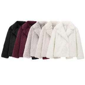 Women's Solid Color Fashionable Temperament Lapel Faux Fur Jacket
