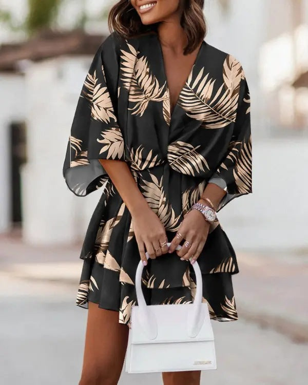 V-neck Loose Batwing Sleeve Printed Dress