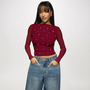 Long Sleeve Double-layer Mesh Rhinestone Fashion Women's Western Style Bottoming