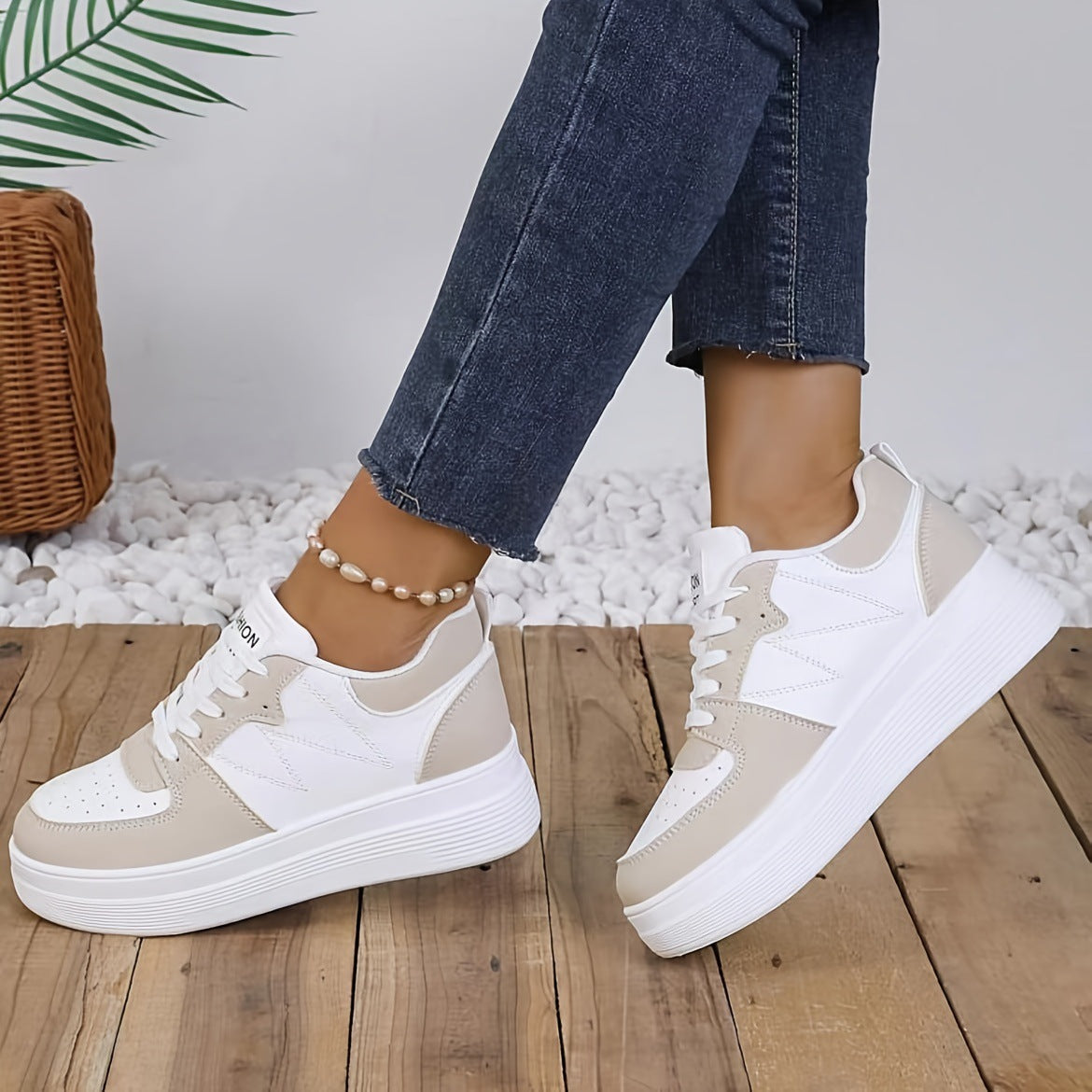 Women's Low-top Lace-up Sneakers With A Synthetic Upper And Thick Sole