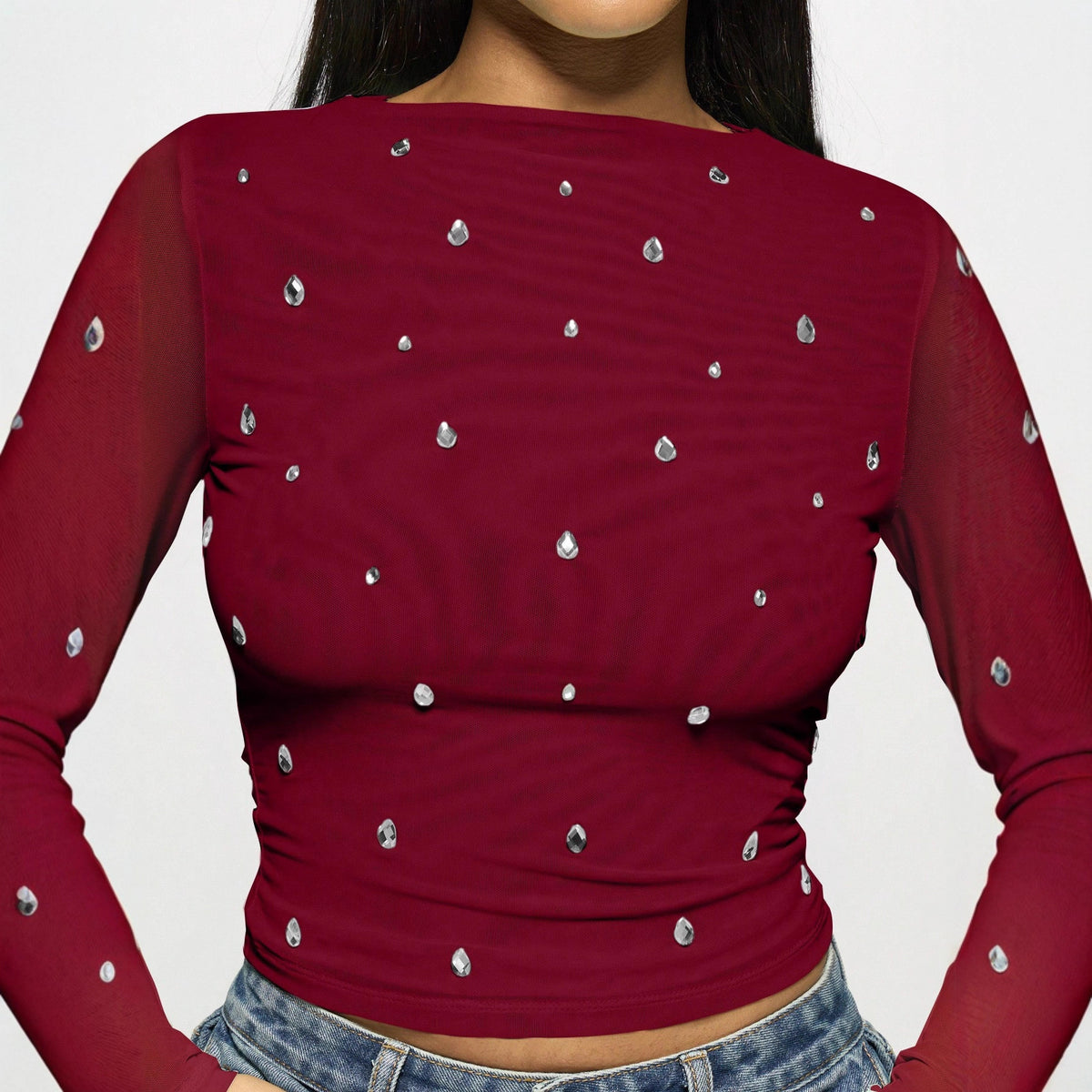 Long Sleeve Double-layer Mesh Rhinestone Fashion Women's Western Style Bottoming