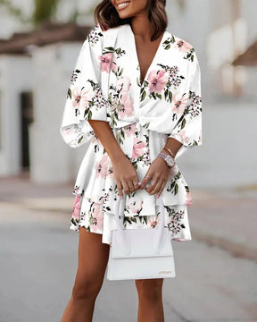 V-neck Loose Batwing Sleeve Printed Dress