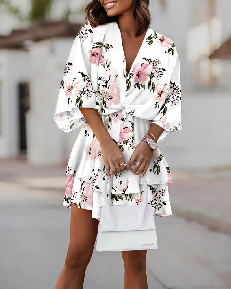 V-neck Loose Batwing Sleeve Printed Dress