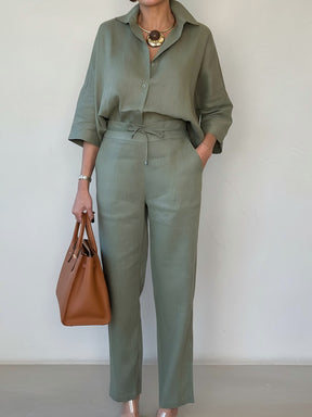 New Elegant Solid Color Polo Collar Linen Shirt And Two-piece Pants
