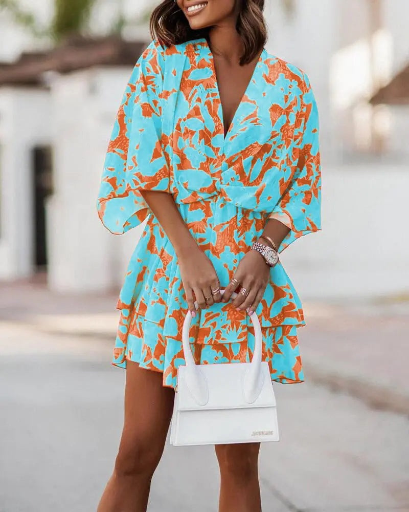 V-neck Loose Batwing Sleeve Printed Dress