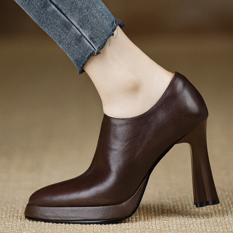 New Style Chunky-heeled Vintage Deep-toe Pumps With Zippers